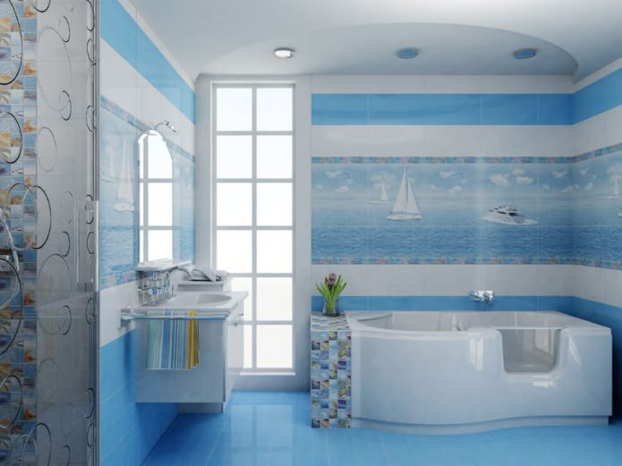Kylpyhuone sinisillä sävyillä