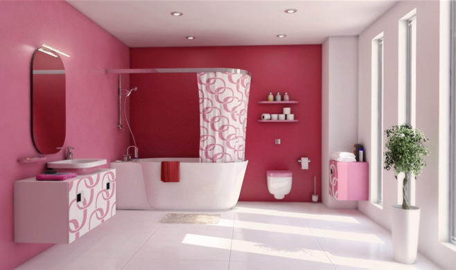bilik mandi berwarna merah jambu