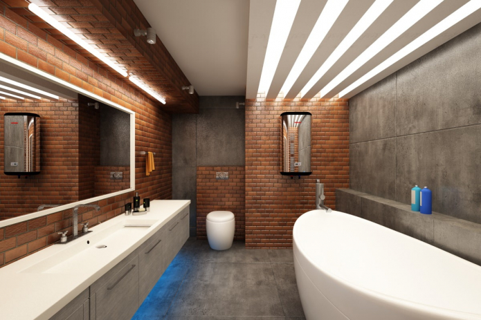 осветление в интериора на банята в стил таванско помещение