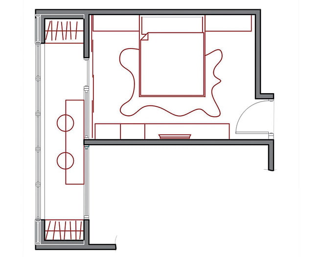 Διάταξη ενός υπνοδωματίου 14 m2 με μπαλκόνι