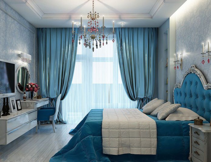 interjera zilā guļamistaba