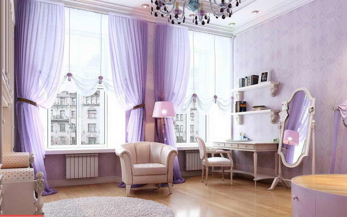 Levandulový interiér: kombinace, výběr stylu, dekorace, nábytek, závěsy a doplňky