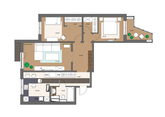 P-3 serisi bir evde 3 odalı bir dairenin modern tasarımı