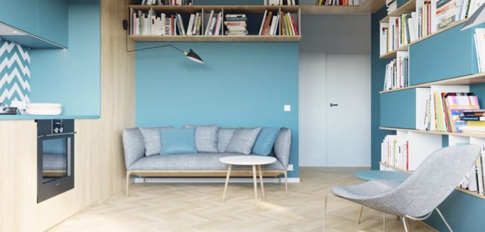Studio design 40 m². m. dans les couleurs blanc et turquoise