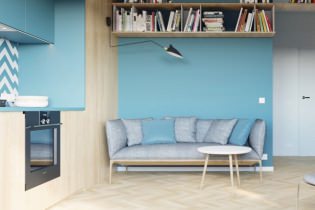 Ontwerp van een studio-appartement van 40 m². m. in witte en turquoise kleuren