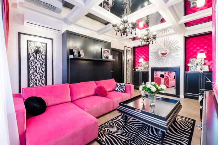 Thiết kế phòng khách màu hồng: 50 ví dụ ảnh