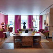 Reka bentuk ruang tamu dengan warna merah jambu: 50 contoh foto-17
