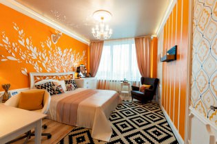 Design ložnice v oranžových tónech: designové prvky, kombinace, fotografie