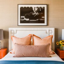 تصميم غرفة نوم بألوان برتقالية: ميزات التصميم ، مجموعات ، صورة 9