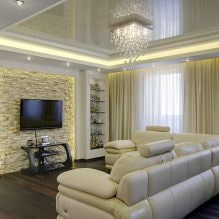 Stretch stropy v obývacím pokoji: výhledy, design, osvětlení, 60 fotografií v interiéru-7