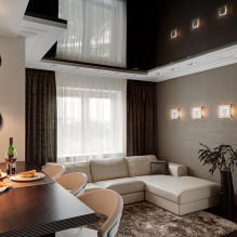 Stretch stropy v obývacej izbe: výhľady, dizajn, osvetlenie, 60 fotografií v interiéri-6