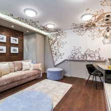 Stretch stropy v obývacím pokoji: výhledy, design, osvětlení, 60 fotografií v interiéru-0