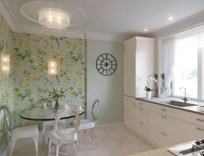 Thiết kế nhà bếp với giấy dán tường màu xanh lá cây: 55 bức ảnh hiện đại trong nội thất