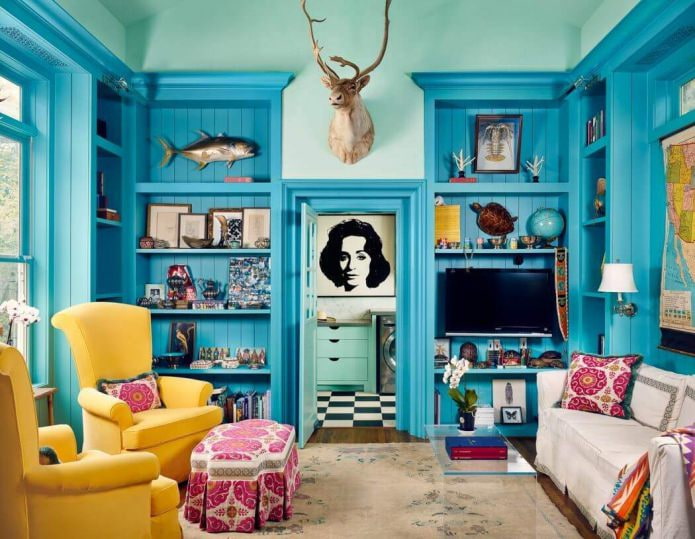 Modrá farba v interiéri: kombinácie, dizajnové nápady, 67 fotografií