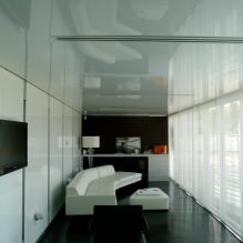 Лъскави опънати тавани: снимка, дизайн, изгледи, избор на цвят, общ преглед по стаи-37