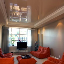 Лъскави опънати тавани: снимка, дизайн, изгледи, избор на цвят, преглед по стаи-33