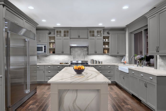 Pilkos spalvos virtuvės komplektas: dizainas, formos, medžiagos, stiliaus pasirinkimas (65 nuotraukos)