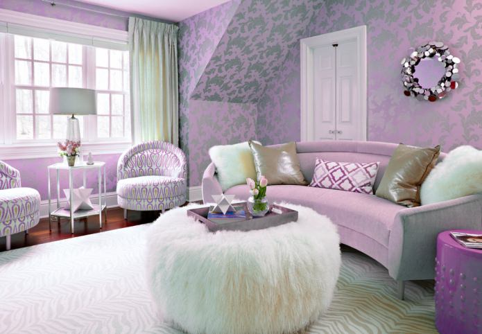 Giấy dán tường Lilac trong nội thất: các loại, thiết kế, lựa chọn phong cách và rèm cửa, sự kết hợp, 55 ảnh