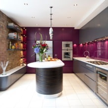 Set ungu di dapur: reka bentuk, kombinasi, pilihan gaya, kertas dinding dan langsir-2