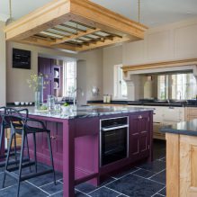 Set ungu di dapur: reka bentuk, kombinasi, pilihan gaya, kertas dinding dan langsir-11