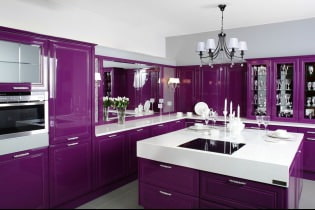 Violetti setti keittiössä: muotoilu, yhdistelmät, tyylin valinta, tapetti ja verhot