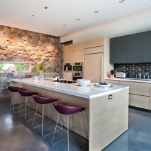 Kámen na zdi v kuchyni: typy, povrchové úpravy, kombinace, barva, styly, 70 fotografií-5
