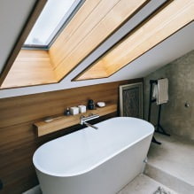 Kylpyhuoneen suunnittelu ullakolla: viimeistelyominaisuudet, väri, tyyli, verhojen valinta, 65 valokuvaa-3