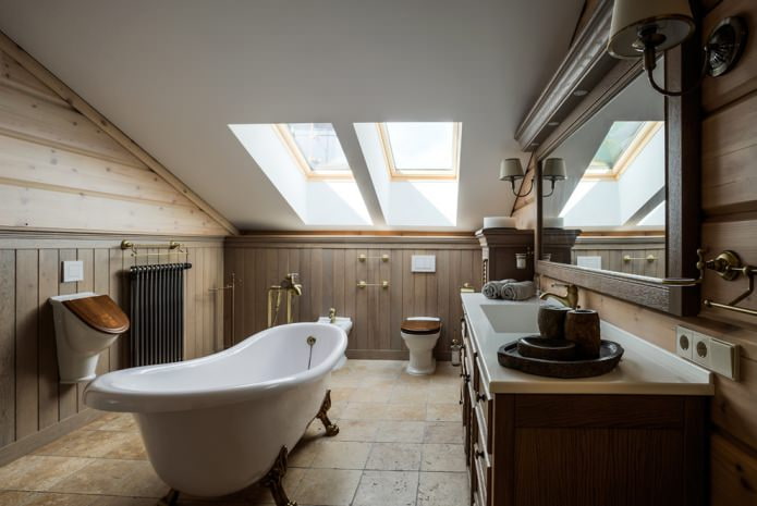 Design del bagno mansardato: caratteristiche di finitura, colore, stile, scelta delle tende, 65 foto