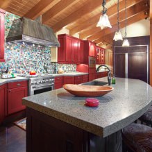 Set dapur merah: ciri, jenis, kombinasi, pilihan gaya dan langsir-10