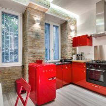 Bộ nhà bếp màu đỏ: tính năng, loại, sự kết hợp, lựa chọn kiểu dáng và rèm cửa-6
