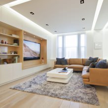 Açık renklerde oturma odası tasarımı: stil, renk, kaplama, mobilya ve perde seçimi-3