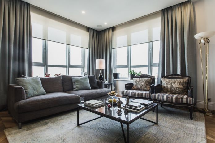 Cortines grises a l'interior de l'apartament: tipus, teixits, estils, combinacions, disseny i decoració