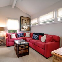 Raudona sofa interjere: tipai, dizainas, derinys su tapetais ir užuolaidomis-1