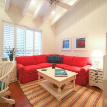 Sofa merah di pedalaman: jenis, reka bentuk, kombinasi dengan kertas dinding dan langsir-21