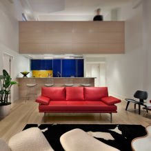 Sofa merah di pedalaman: jenis, reka bentuk, kombinasi dengan kertas dinding dan langsir-4
