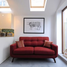 Raudona sofa interjere: tipai, dizainas, derinys su tapetais ir užuolaidomis-7