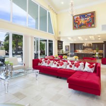 Sofa merah di pedalaman: jenis, reka bentuk, kombinasi dengan kertas dinding dan langsir-10