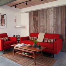 Raudona sofa interjere: tipai, dizainas, derinys su tapetais ir užuolaidomis-2