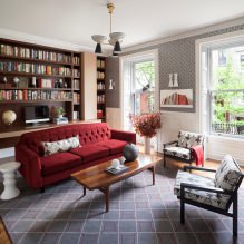 Sarkans dīvāns interjerā: veidi, dizains, kombinācija ar tapetēm un aizkariem-25