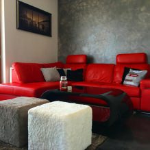 İç mekandaki kırmızı kanepe: çeşitleri, tasarımı, duvar kağıdı ve perde kombinasyonu-12