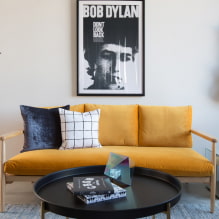 Sofa kuning di pedalaman: jenis, bentuk, bahan pelapis, reka bentuk, warna, kombinasi-6