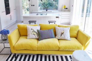 Keltainen sohva sisätiloissa: tyypit, muodot, verhoilumateriaalit, muotoilu, sävyt, yhdistelmät