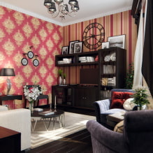 Červená tapeta v interiéru: typy, design, kombinace s barvou záclon, nábytek-3
