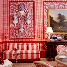 Kertas dinding merah di pedalaman: jenis, reka bentuk, kombinasi dengan warna langsir, perabot-7