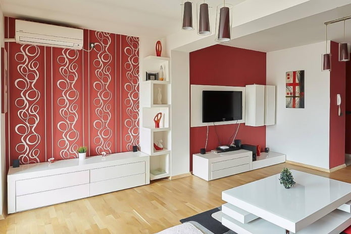 Raudoni tapetai interjere: tipai, dizainas, derinys su užuolaidų, baldų spalva