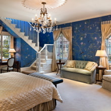 Modré tapety: kombinácie, dizajn, výber záclon, štýl a nábytok, 80 fotografií v interiéri -0