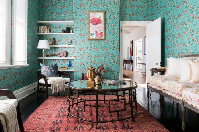Tyrkysová tapeta v interiéri: typy, dizajn, kombinácia s inými farbami, záclony, nábytok