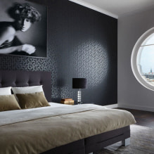 Kertas dinding hitam: jenis, gambar, reka bentuk, kombinasi, kombinasi dengan langsir, perabot-7