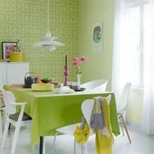 Světle zelená tapeta v interiéru: typy, designové nápady, kombinace s jinými barvami, záclony, nábytek-5