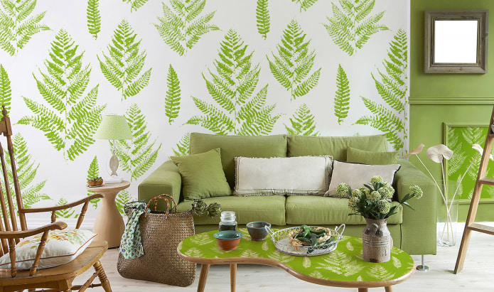 Giấy dán tường màu xanh lá cây nhạt trong nội thất: chủng loại, ý tưởng thiết kế, sự kết hợp với các màu sắc khác, rèm cửa, đồ nội thất